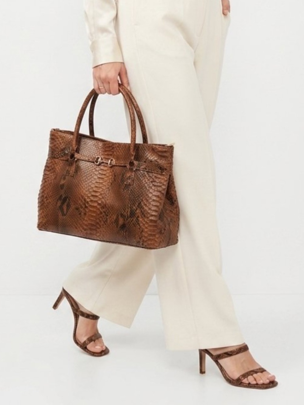 Grand Pelle Python Leather Tote Bag Handbag w/ Shoulder Strap Brown Quiet Luxury